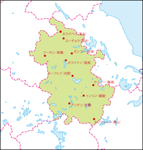 安徽省地図(主な都市あり)の小さい画像