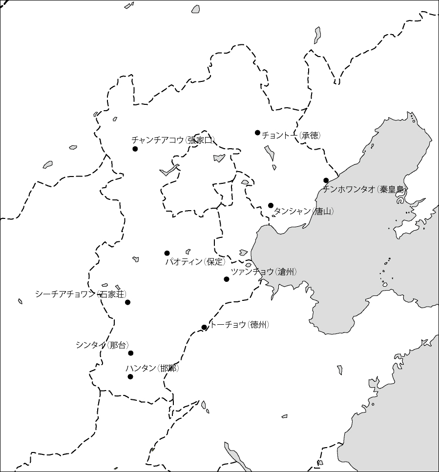 河北省白地図(主な都市あり)のフリーデータの画像