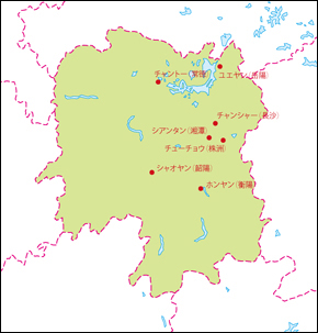 湖南省地図(主な都市あり)の小さい画像