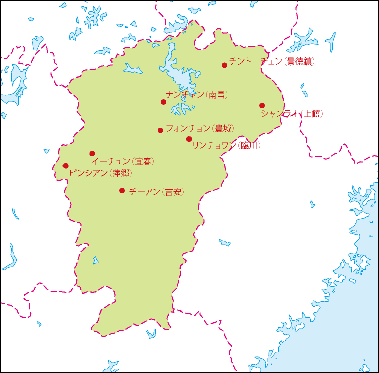 江西省地図(主な都市あり)のフリーデータの画像