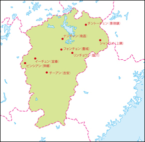 江西省地図(主な都市あり)の小さい画像