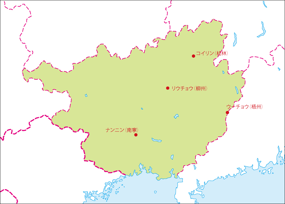 広西チワン族自治区地図(主な都市あり)のフリーデータの画像