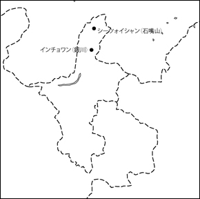 寧夏回族自治区白地図(主な都市あり)の小さい画像