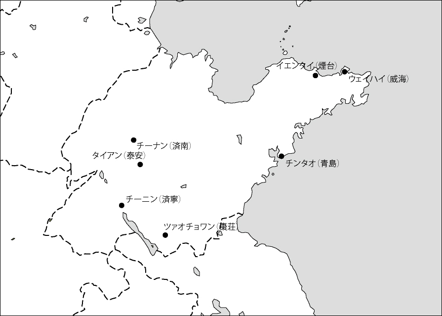山東省白地図(主な都市あり)のフリーデータの画像