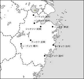 浙江省白地図(主な都市あり)の小さい画像