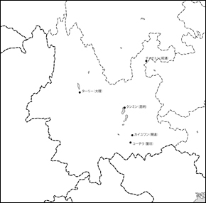 雲南省白地図(主な都市あり)の小さい画像