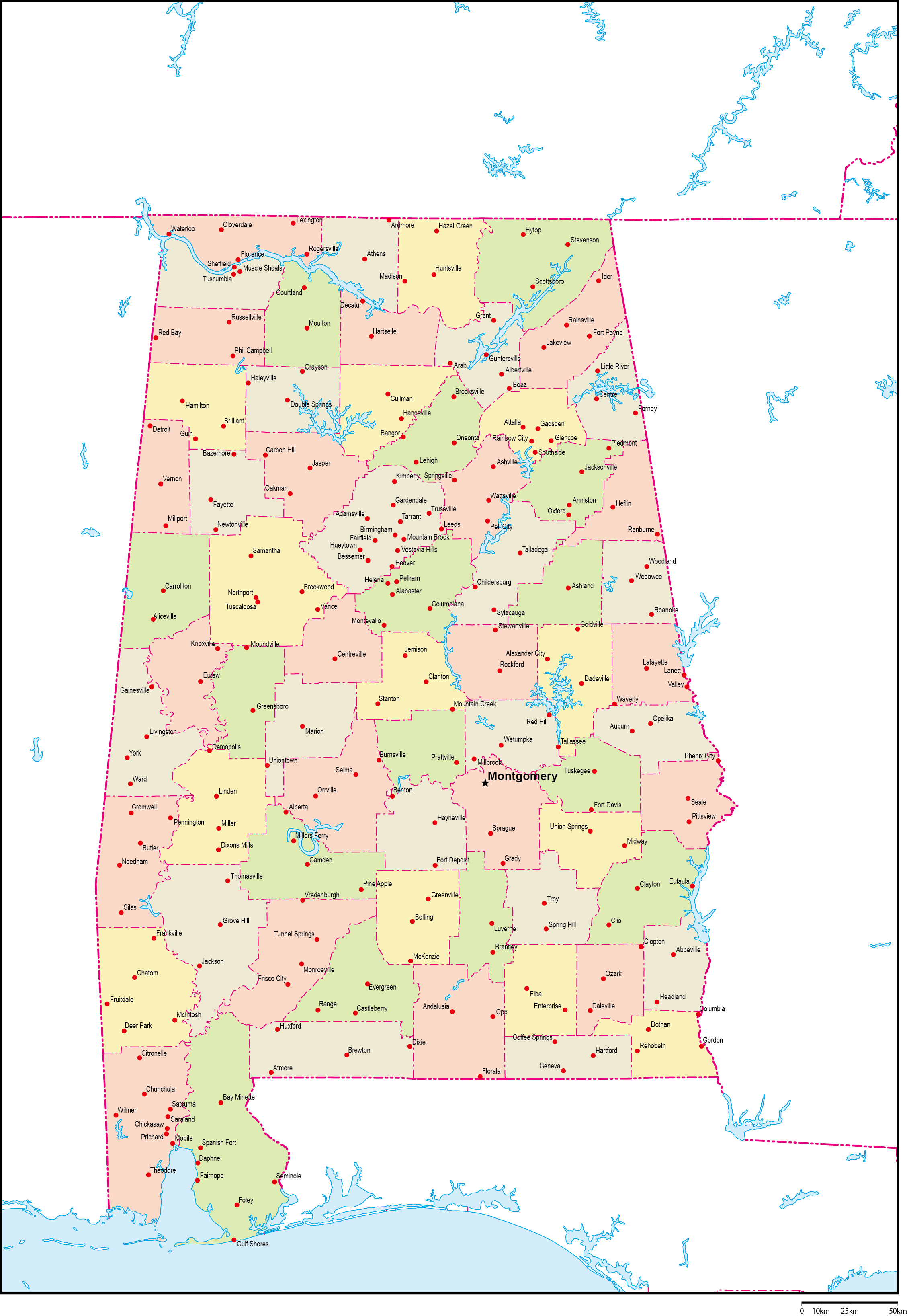 アメリカの地図 白地図 アラバマ州の地図