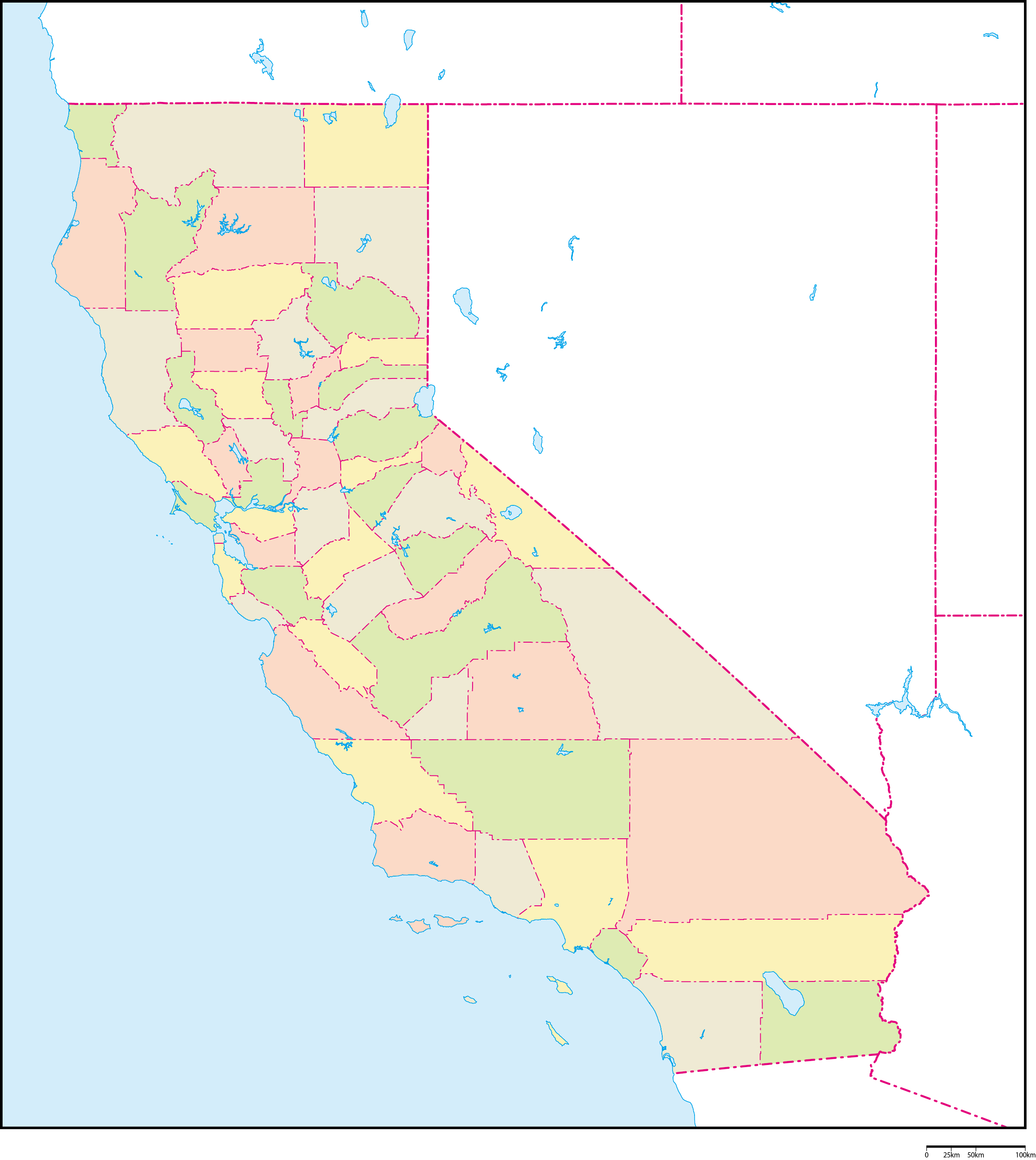 アメリカの地図 白地図 カリフォルニア州の地図