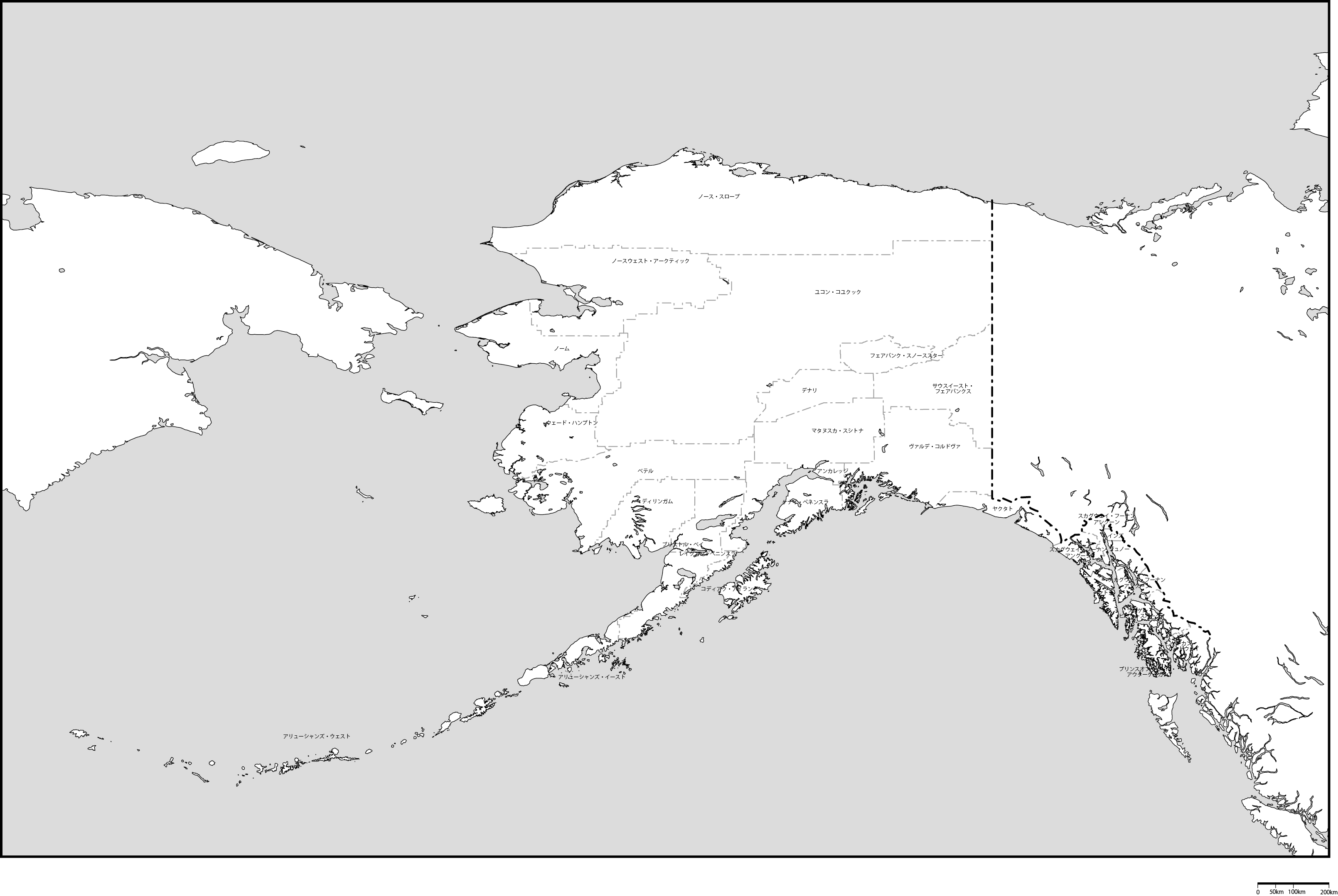 アラスカ州郡分け地図郡名あり 日本語 フリーデータ