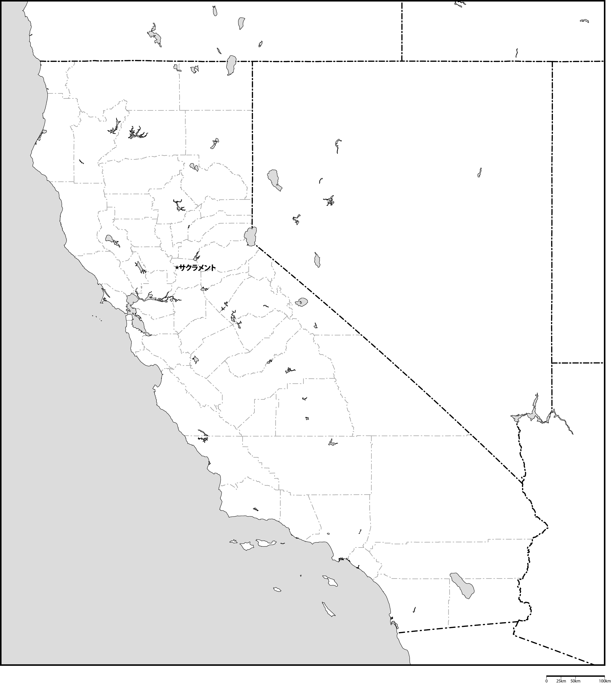 カリフォルニア州郡分け白地図州都あり 日本語 フリーデータ