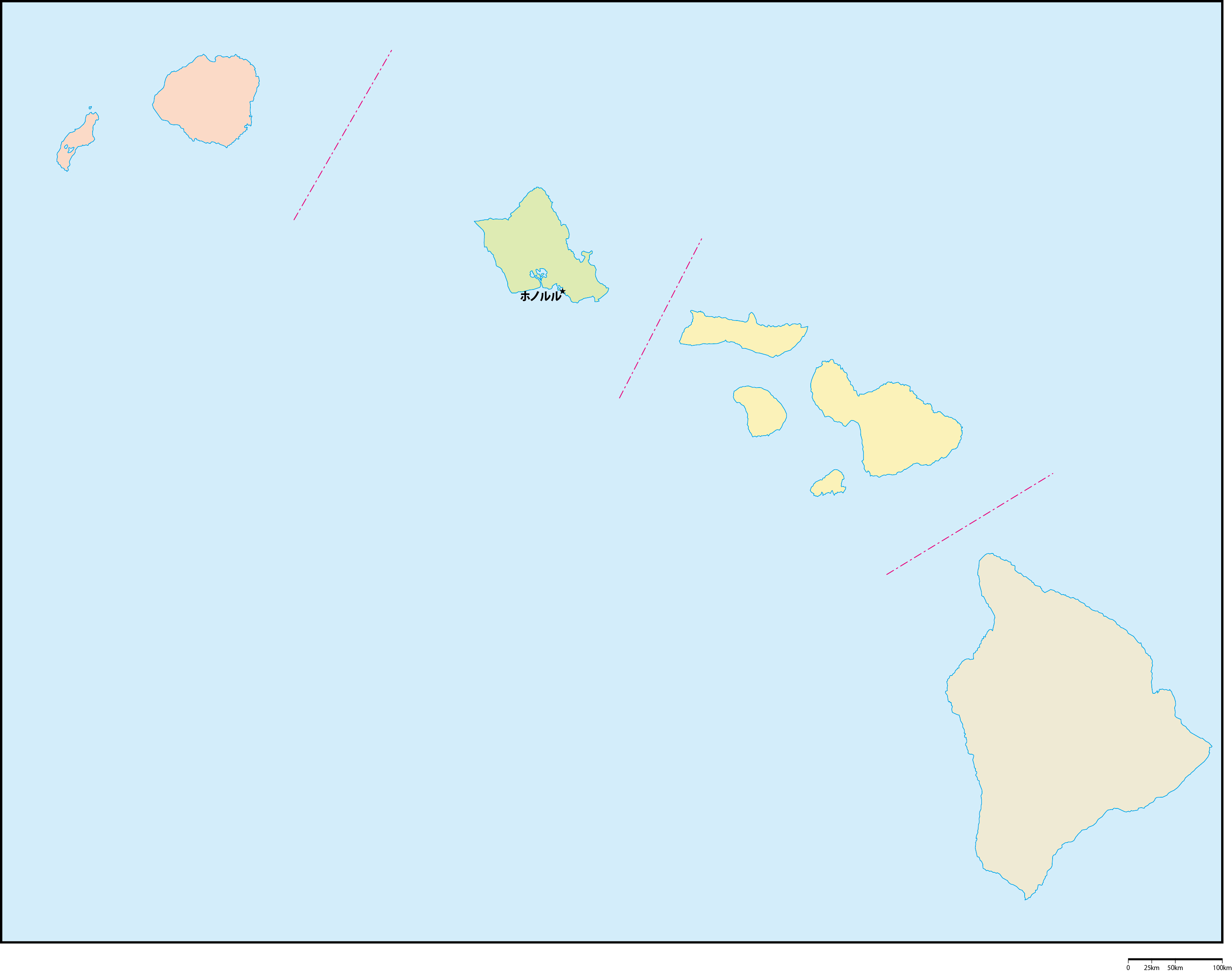 ハワイ州郡色分け地図州都あり 日本語 フリーデータ