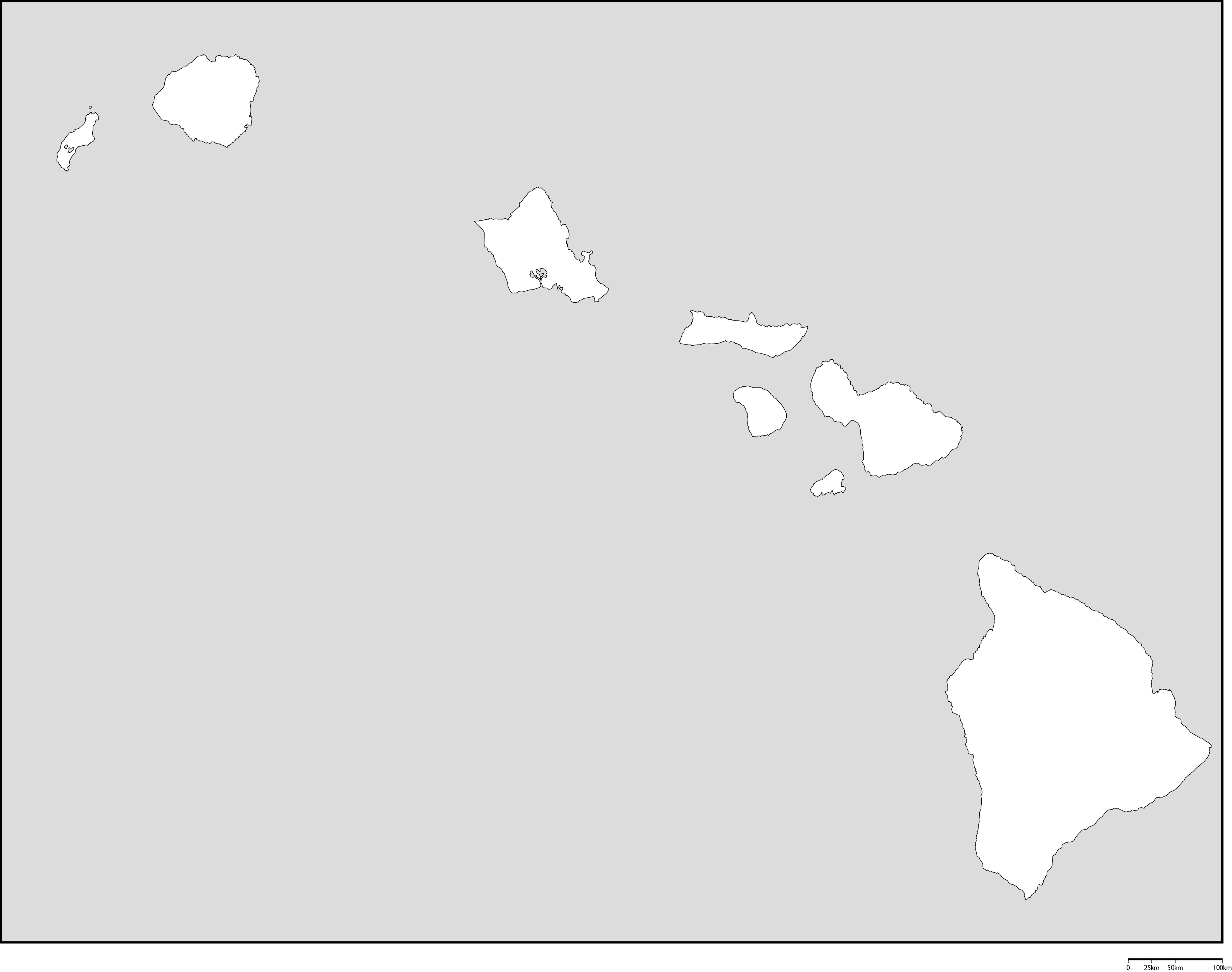 ハワイ州白地図フリーデータ