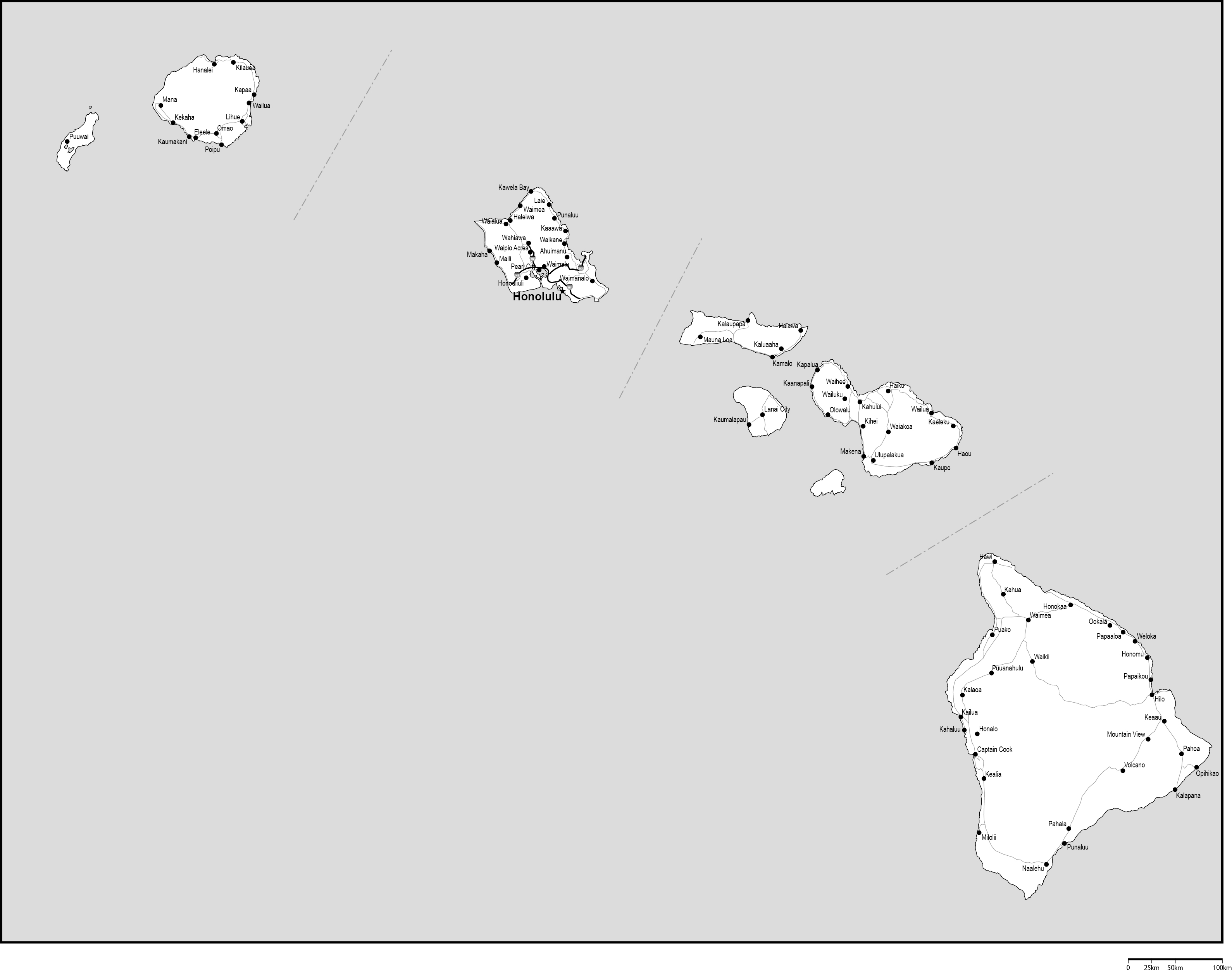 ハワイ州郡分け白地図州都・主な都市・道路あり(英語)フリーデータの画像