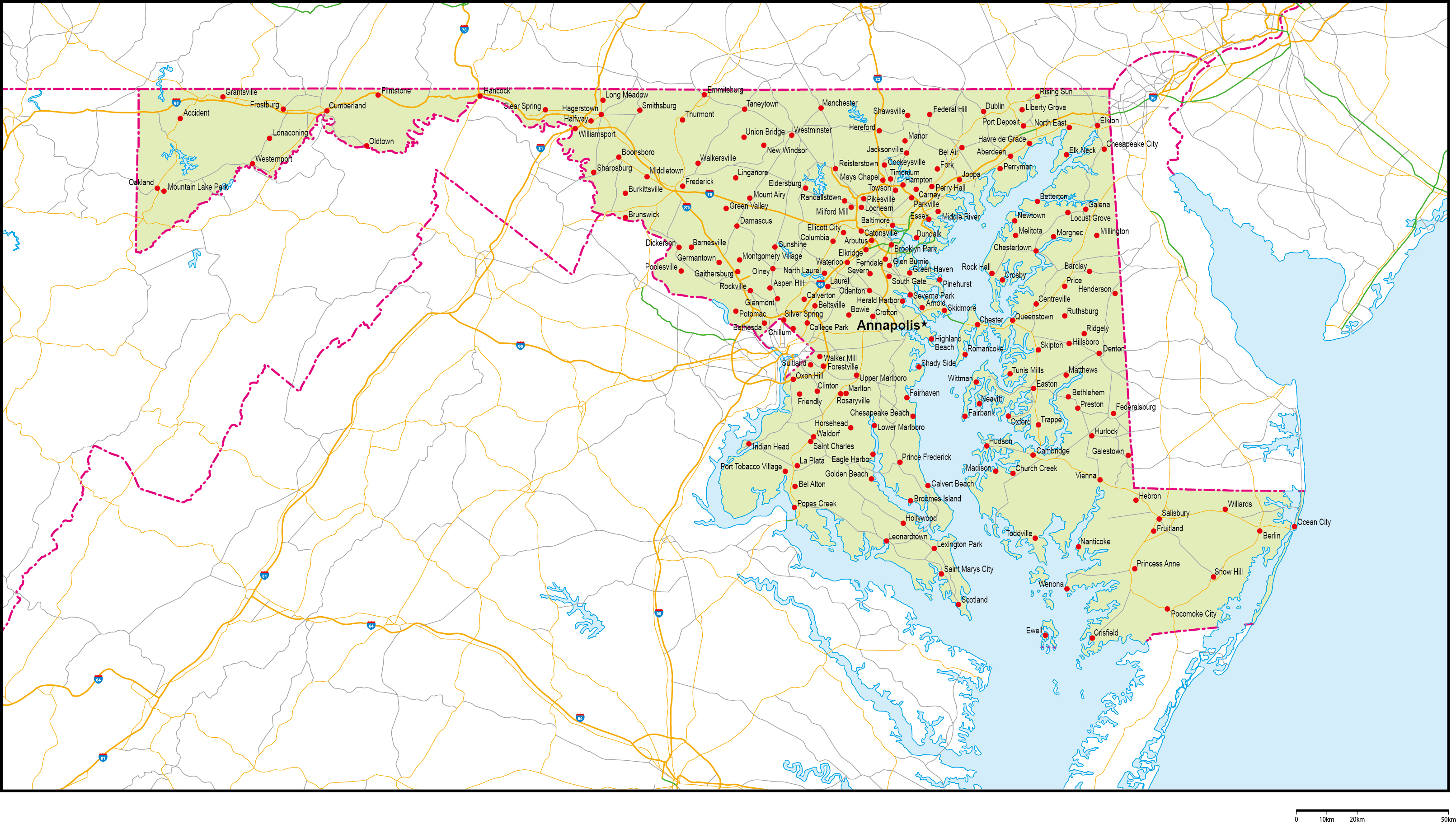 メリーランド州地図州都 主な都市 道路あり 英語 フリーデータ