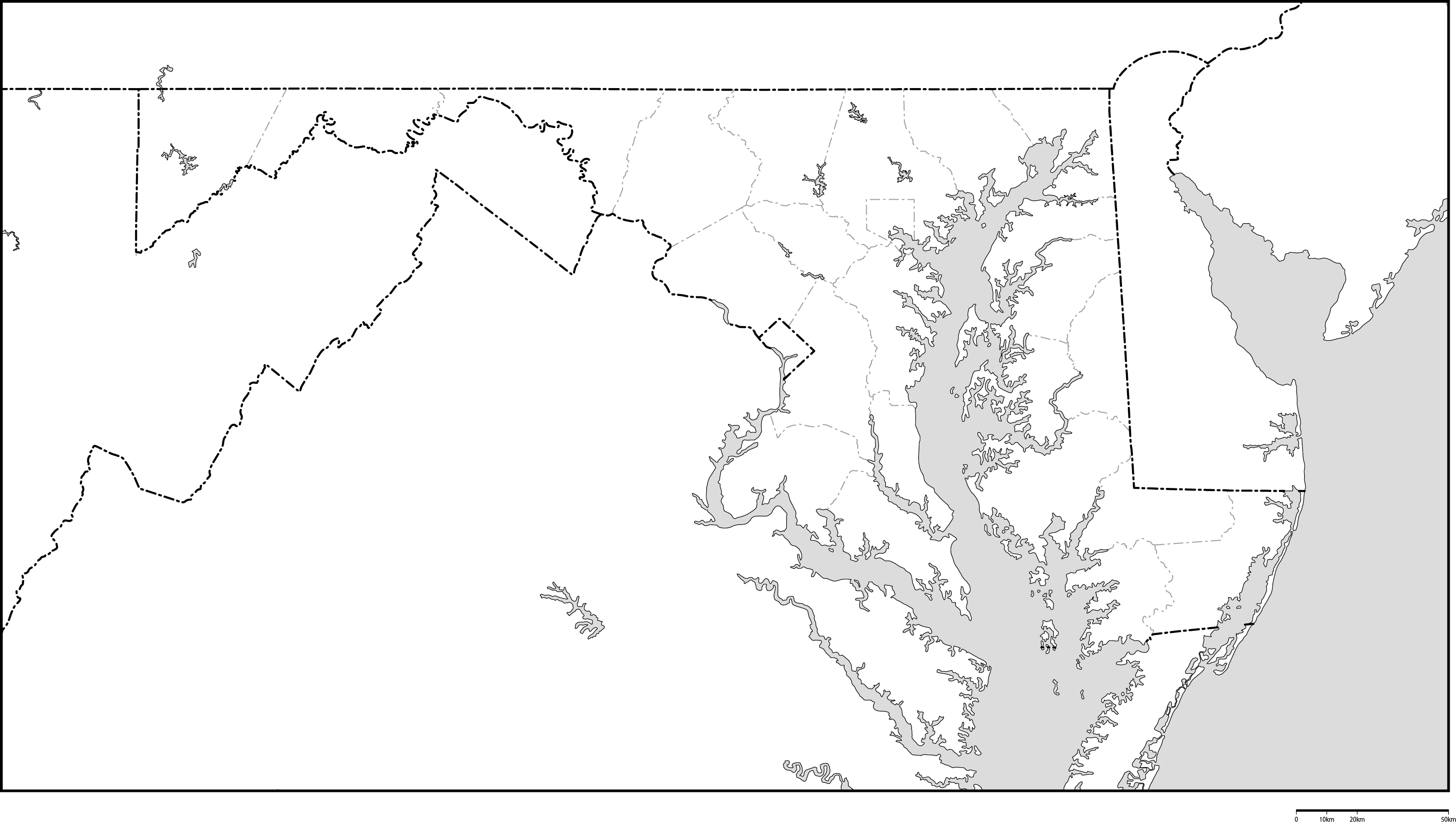 メリーランド州郡分け白地図フリーデータ